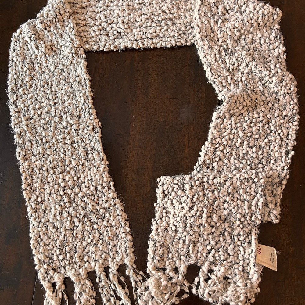 Anthropologie Textured White and Black Knit Scarf with Gold Sequences